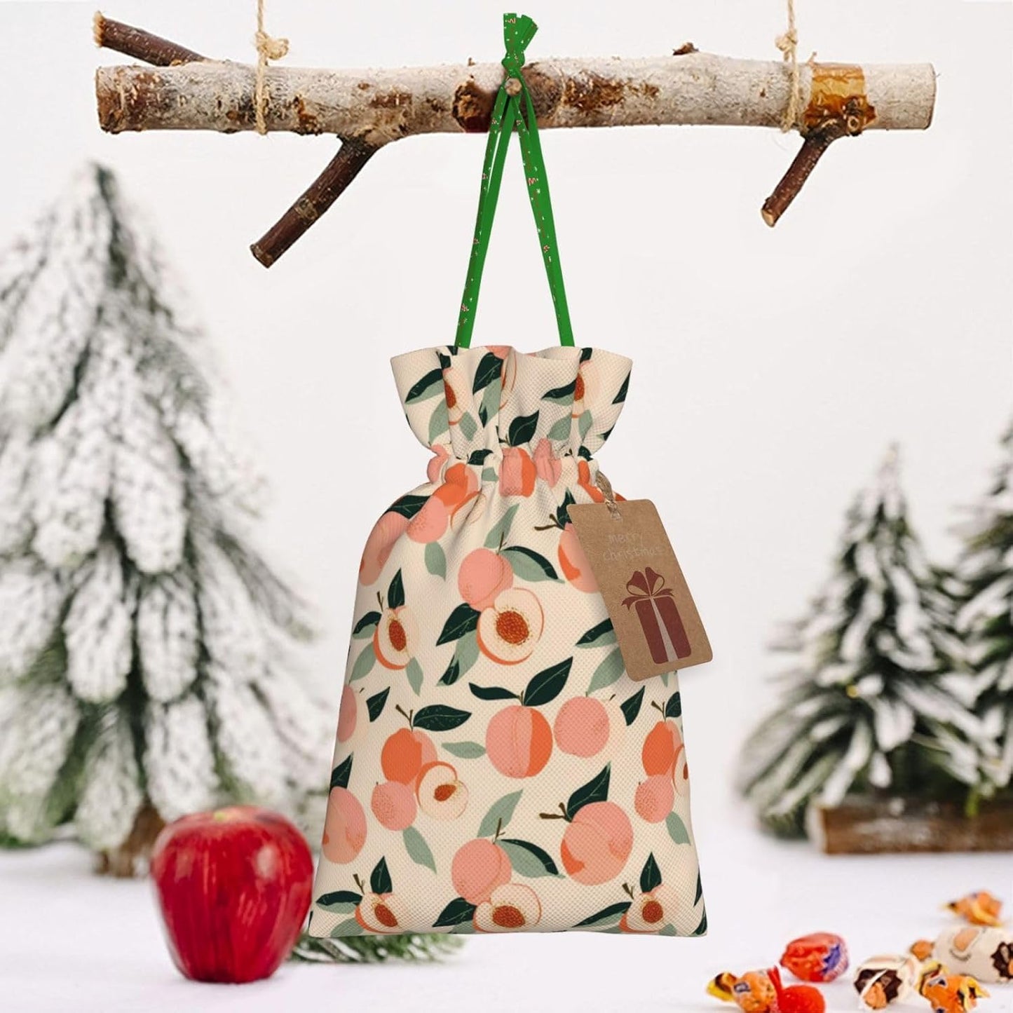 Peaches (3) Print Christmas Drawstring Gift Bags, Reusable Candy Treat Bags For Holiday Birthday Party