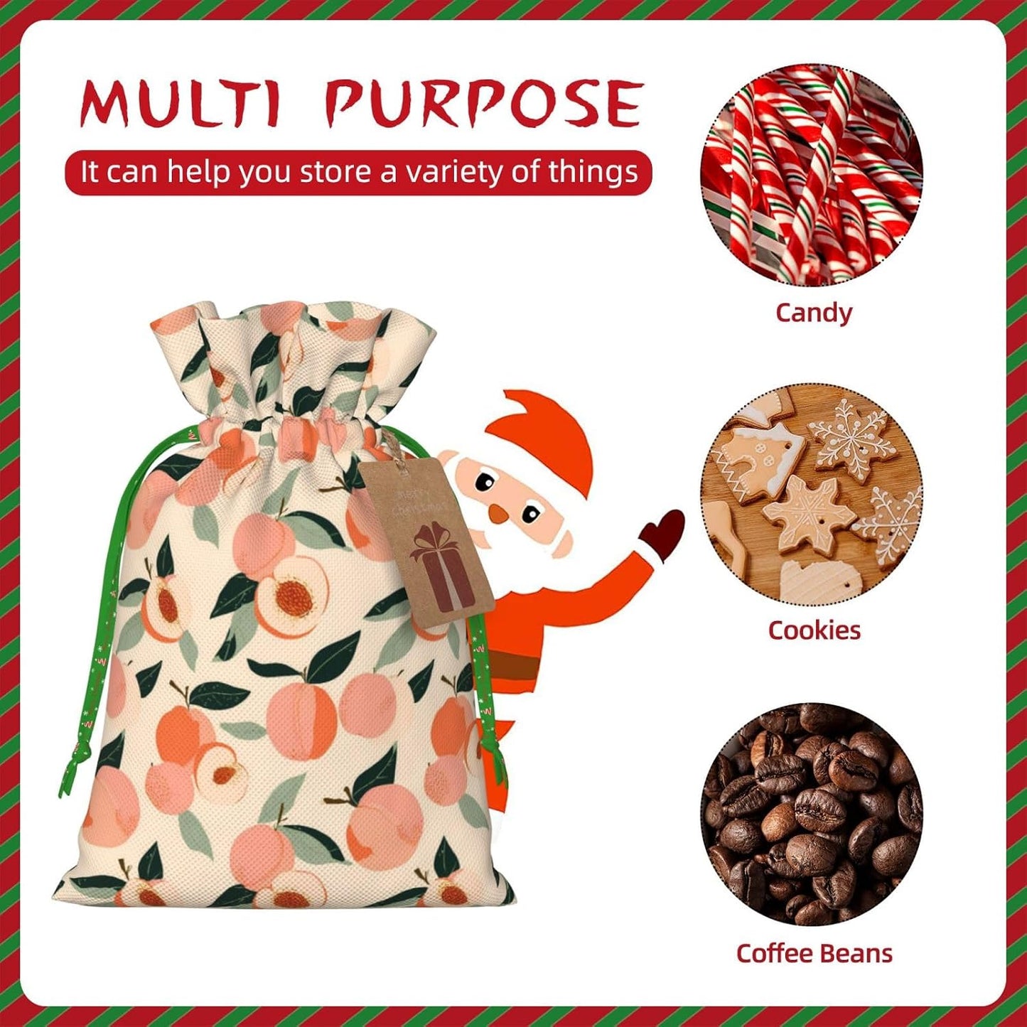 Peaches (3) Print Christmas Drawstring Gift Bags, Reusable Candy Treat Bags For Holiday Birthday Party