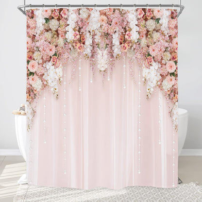 Bridal Floral Elegant Wedding Flower Pink Rose Bathroom Shower Curtain Set
