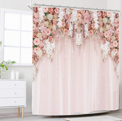Bridal Floral Elegant Wedding Flower Pink Rose Bathroom Shower Curtain Set