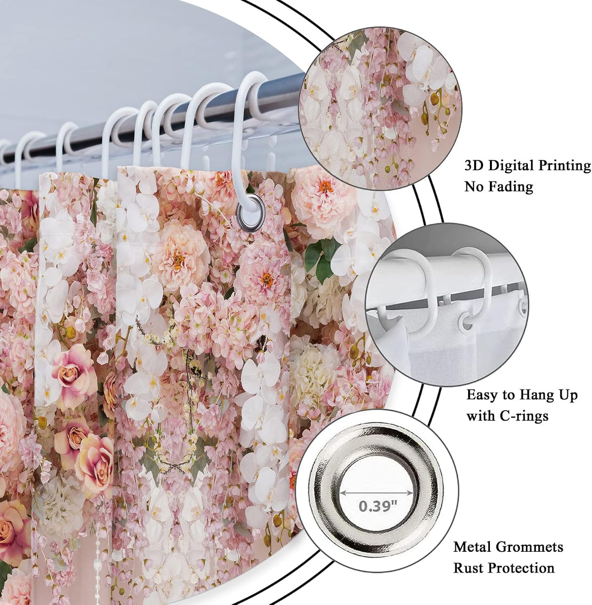 Bridal Floral Elegant Wedding Flower Pink Rose Bathroom Shower Curtain Set