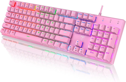 Mechanical Gaming Keyboard, Wired RGB 104 Keys, Blue Switch, Pink