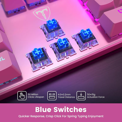 Mechanical Gaming Keyboard, Wired RGB 104 Keys, Blue Switch, Pink