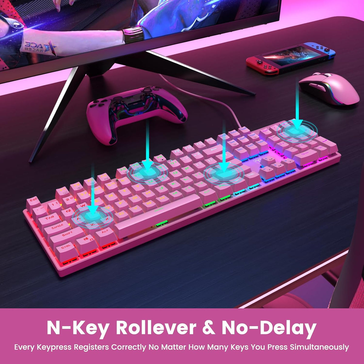 Mechanical Gaming Keyboard, Wired RGB 104 Keys, Blue Switch, Pink