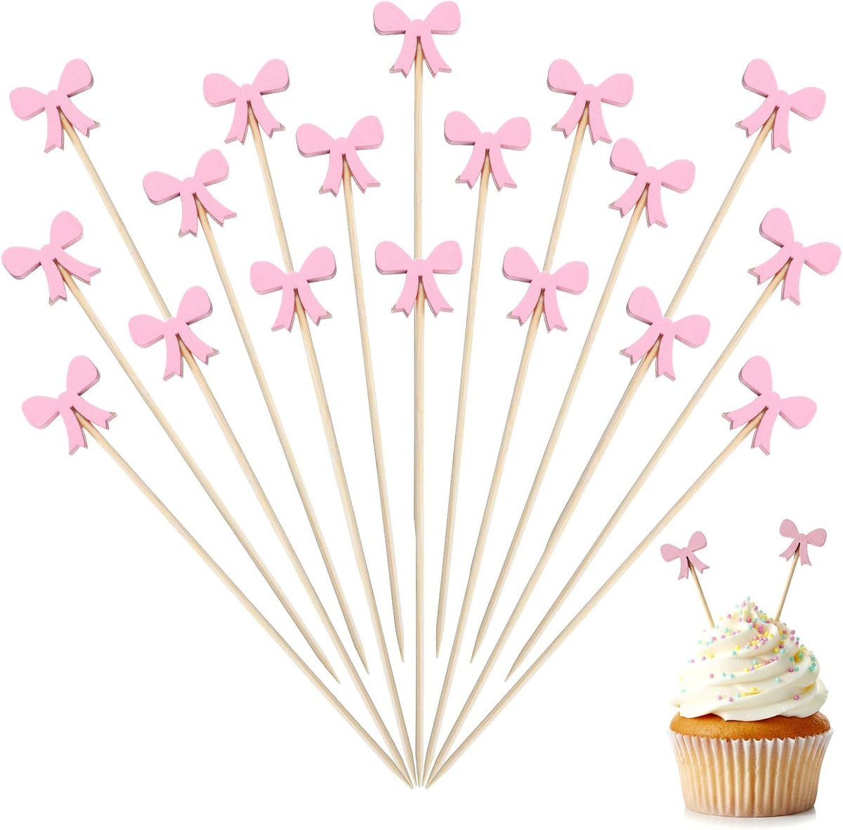 100Pcs Pink Bow Fruit Skewer Sticks Pink Bow Cocktail Pick Toothpick