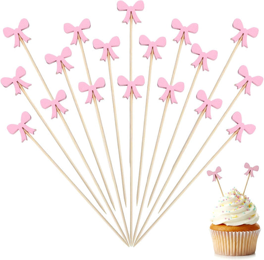 100Pcs Pink Bow Fruit Skewer Sticks Pink Bow Cocktail Pick Toothpick
