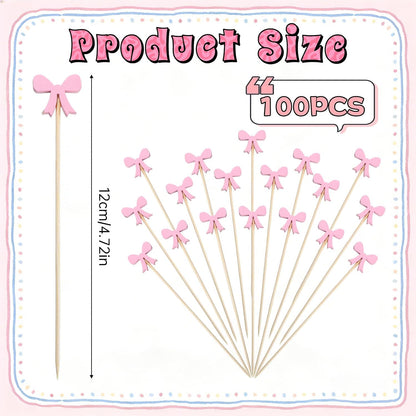 100Pcs Pink Bow Fruit Skewer Sticks Pink Bow Cocktail Pick Toothpick