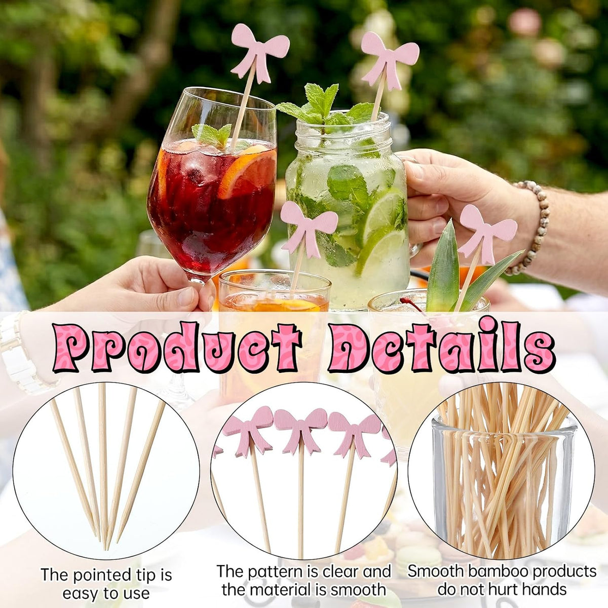 100Pcs Pink Bow Fruit Skewer Sticks Pink Bow Cocktail Pick Toothpick