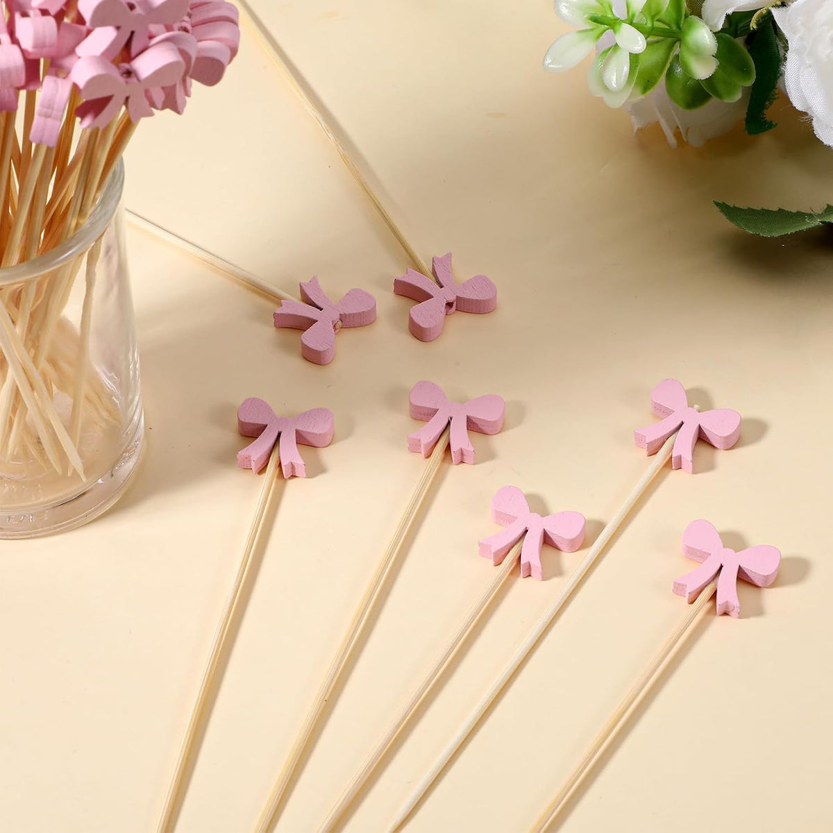 100Pcs Pink Bow Fruit Skewer Sticks Pink Bow Cocktail Pick Toothpick