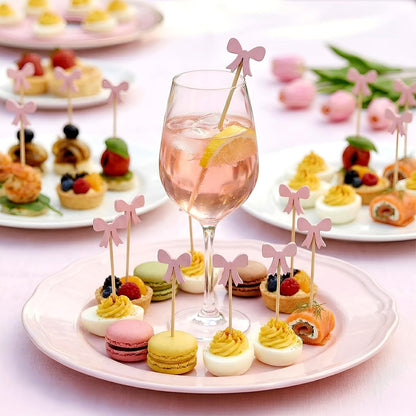 100Pcs Pink Bow Fruit Skewer Sticks Pink Bow Cocktail Pick Toothpick