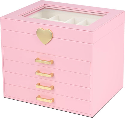 Jewelry Box, 5-Layer Jewelry Organizer Box with Glass Lid, Pink, Heart Shaped PU Leather, Storage Box for Necklace Earrings Rings Bracelets, Gift Idea for Girls LJC4DRPK