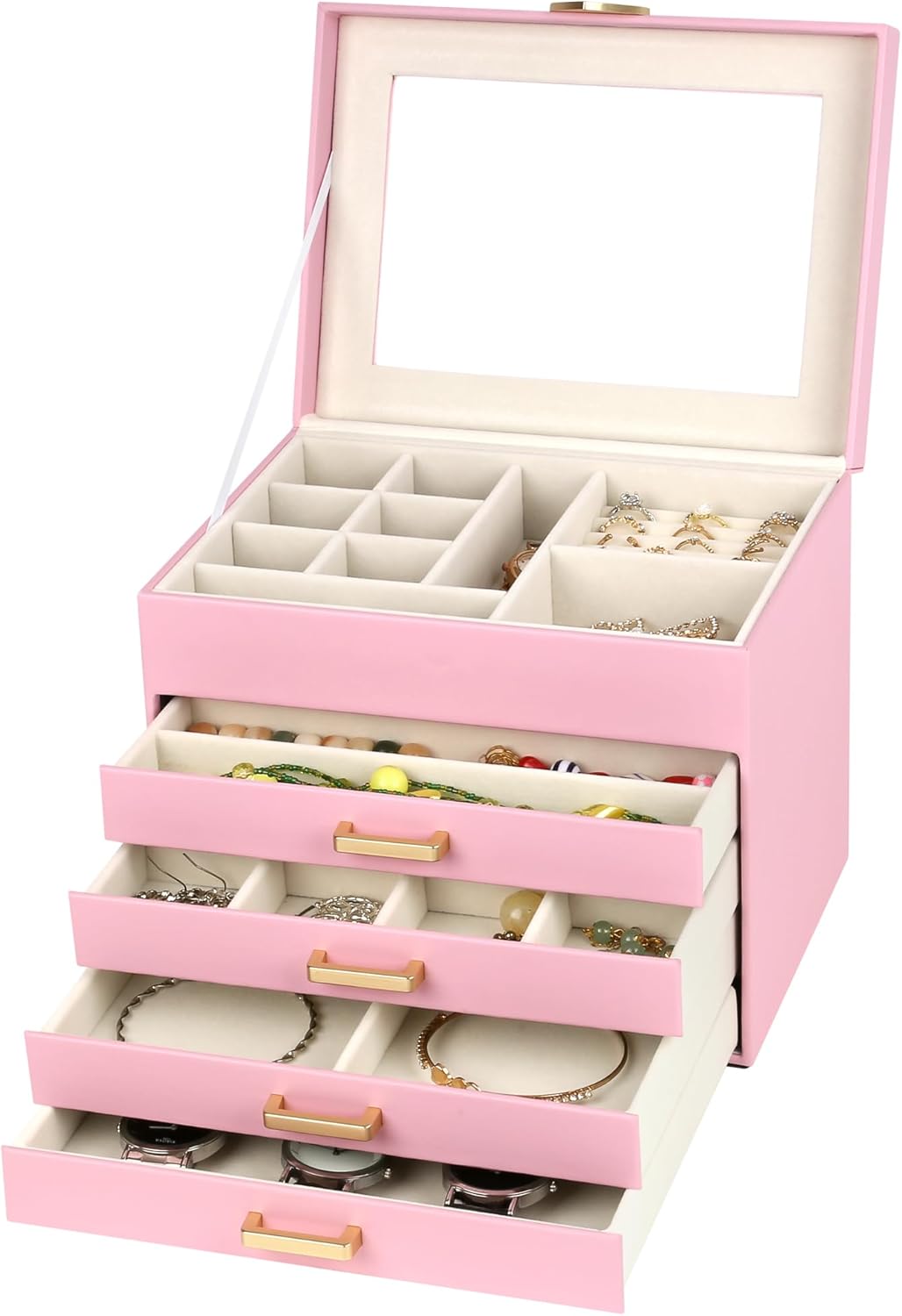 Jewelry Box, 5-Layer Jewelry Organizer Box with Glass Lid, Pink, Heart Shaped PU Leather, Storage Box for Necklace Earrings Rings Bracelets, Gift Idea for Girls LJC4DRPK