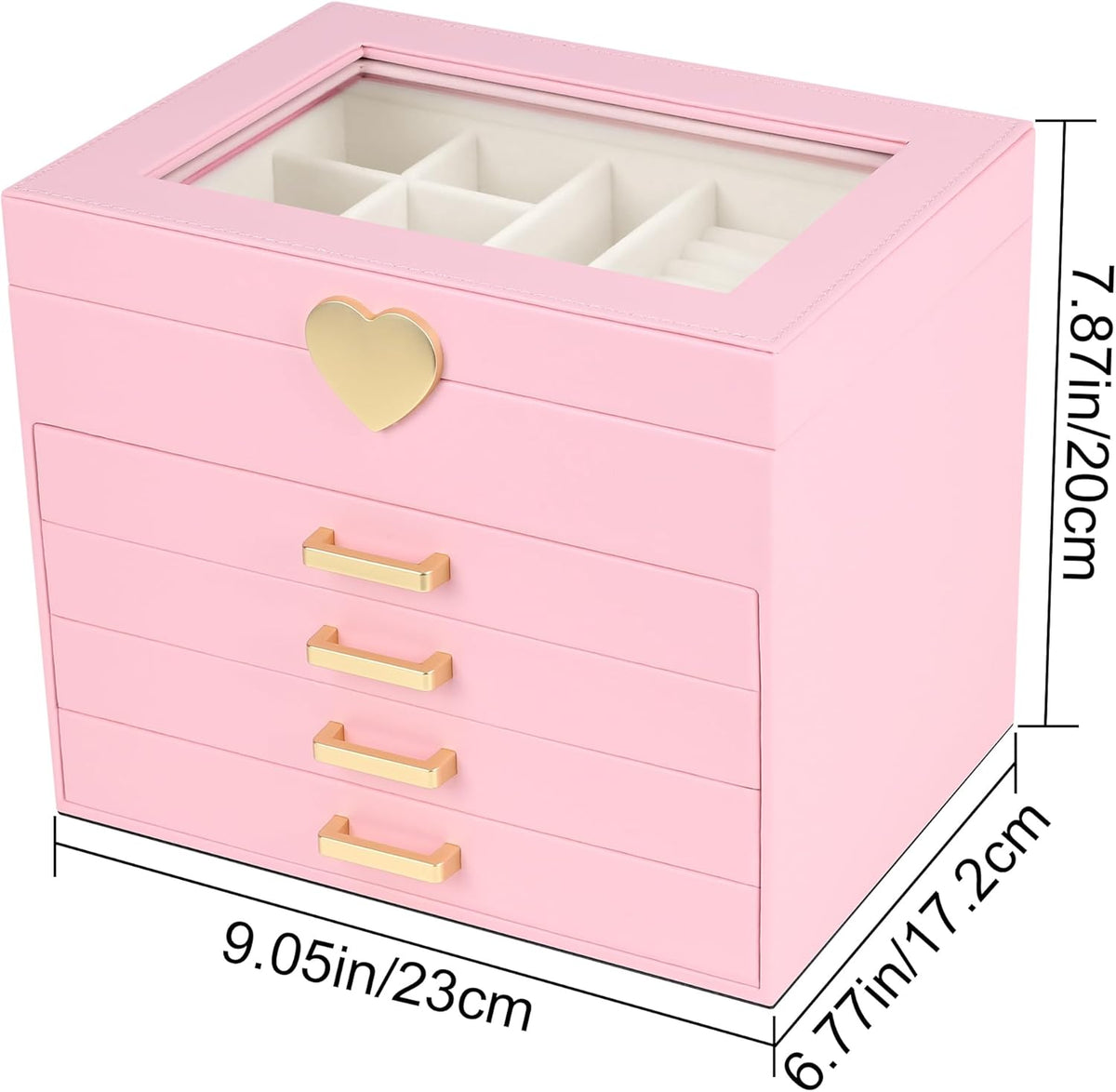 Jewelry Box, 5-Layer Jewelry Organizer Box with Glass Lid, Pink, Heart Shaped PU Leather, Storage Box for Necklace Earrings Rings Bracelets, Gift Idea for Girls LJC4DRPK