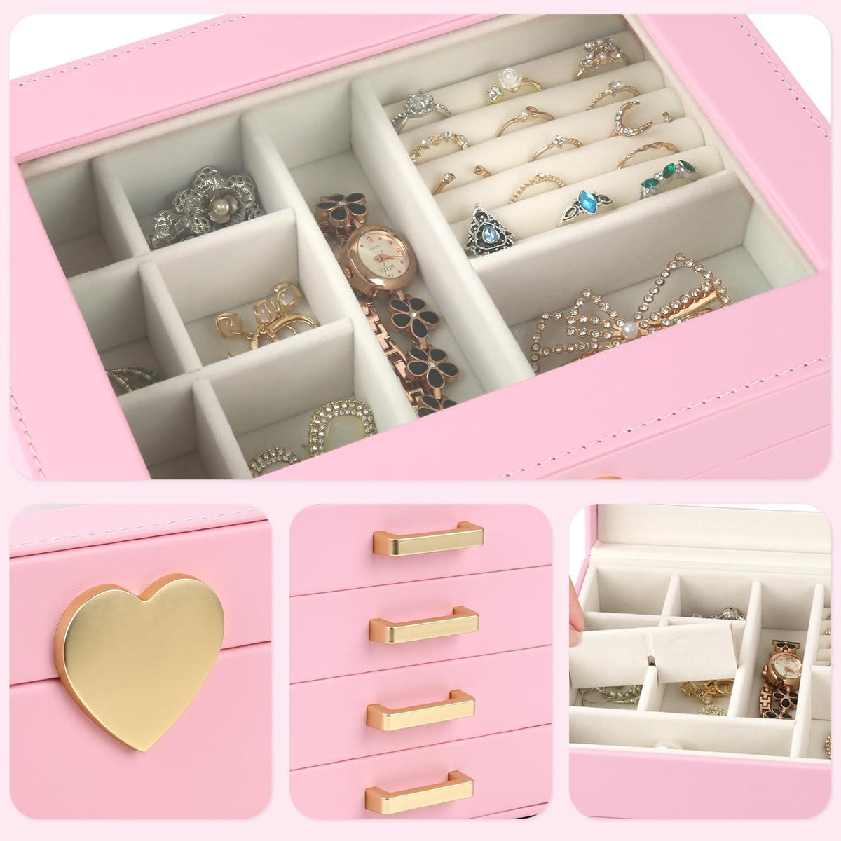 Jewelry Box, 5-Layer Jewelry Organizer Box with Glass Lid, Pink, Heart Shaped PU Leather, Storage Box for Necklace Earrings Rings Bracelets, Gift Idea for Girls LJC4DRPK