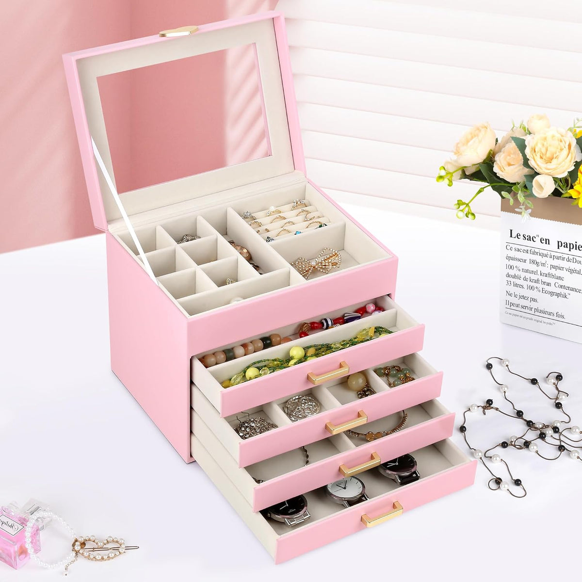Jewelry Box, 5-Layer Jewelry Organizer Box with Glass Lid, Pink, Heart Shaped PU Leather, Storage Box for Necklace Earrings Rings Bracelets, Gift Idea for Girls LJC4DRPK