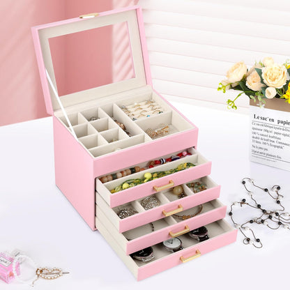Jewelry Box, 5-Layer Jewelry Organizer Box with Glass Lid, Pink, Heart Shaped PU Leather, Storage Box for Necklace Earrings Rings Bracelets, Gift Idea for Girls LJC4DRPK
