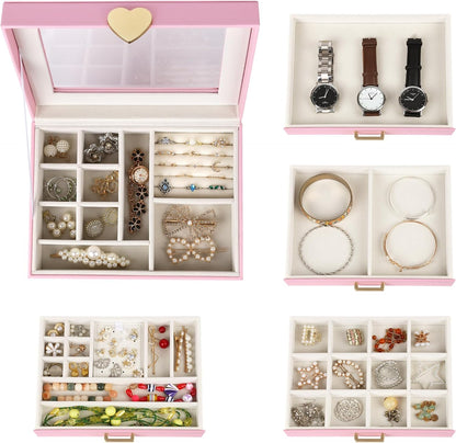 Jewelry Box, 5-Layer Jewelry Organizer Box with Glass Lid, Pink, Heart Shaped PU Leather, Storage Box for Necklace Earrings Rings Bracelets, Gift Idea for Girls LJC4DRPK