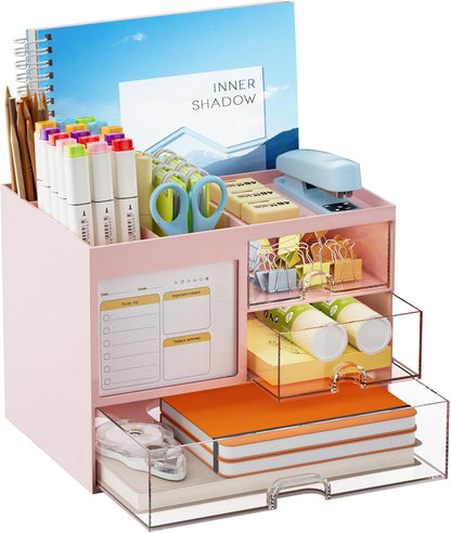 Desk Organizer with 3 Drawer, Multi-Functional Pencil Pen Holder for Desk, Desk Organizers and Accessories with 4 Compartments, Desktop Organizer Storage for Office Home Art Supplies (Pink)