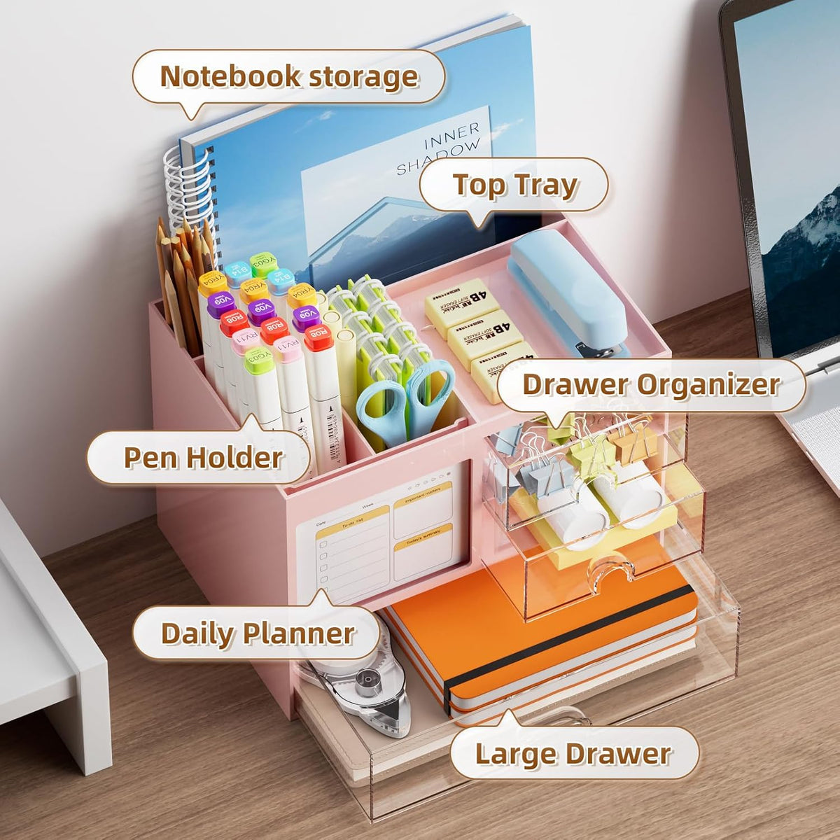 Desk Organizer with 3 Drawer, Multi-Functional Pencil Pen Holder for Desk, Desk Organizers and Accessories with 4 Compartments, Desktop Organizer Storage for Office Home Art Supplies (Pink)