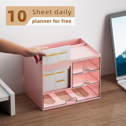 Desk Organizer with 3 Drawer, Multi-Functional Pencil Pen Holder for Desk, Desk Organizers and Accessories with 4 Compartments, Desktop Organizer Storage for Office Home Art Supplies (Pink)