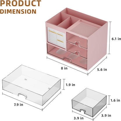 Desk Organizer with 3 Drawer, Multi-Functional Pencil Pen Holder for Desk, Desk Organizers and Accessories with 4 Compartments, Desktop Organizer Storage for Office Home Art Supplies (Pink)