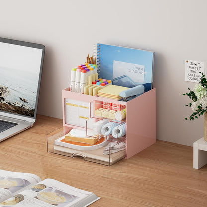 Desk Organizer with 3 Drawer, Multi-Functional Pencil Pen Holder for Desk, Desk Organizers and Accessories with 4 Compartments, Desktop Organizer Storage for Office Home Art Supplies (Pink)