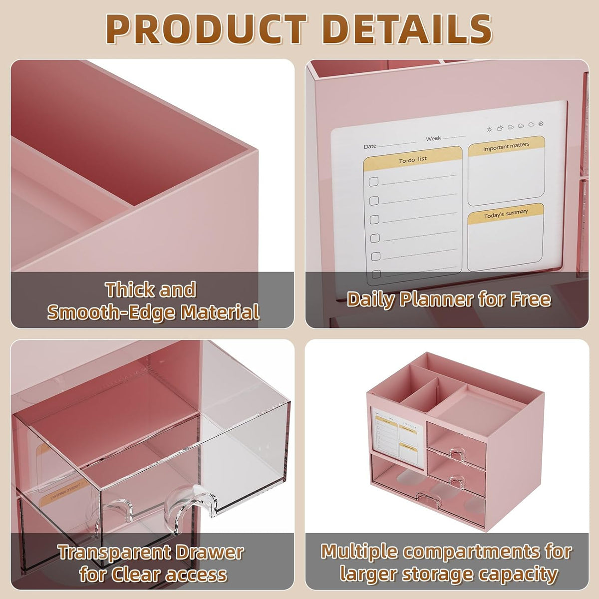 Desk Organizer with 3 Drawer, Multi-Functional Pencil Pen Holder for Desk, Desk Organizers and Accessories with 4 Compartments, Desktop Organizer Storage for Office Home Art Supplies (Pink)