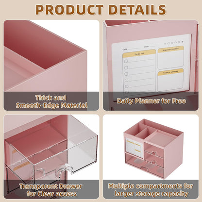 Desk Organizer with 3 Drawer, Multi-Functional Pencil Pen Holder for Desk, Desk Organizers and Accessories with 4 Compartments, Desktop Organizer Storage for Office Home Art Supplies (Pink)