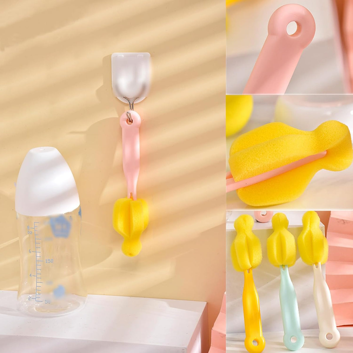 ZAAWUUT 6 Pieces Long Handle Bottle Nipple Cleaner,Sponge Scrubber Brush for Deep Cleaning (Pink)