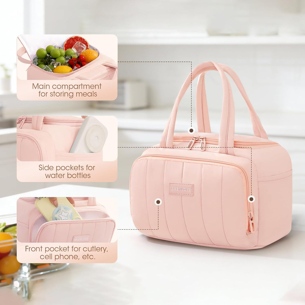 Lunch Box for Women 7L Soft Insulated Lunch Bag Reusable Leakproof Lunch Cooler for Work Meal Picnic Hiking Camping Pink