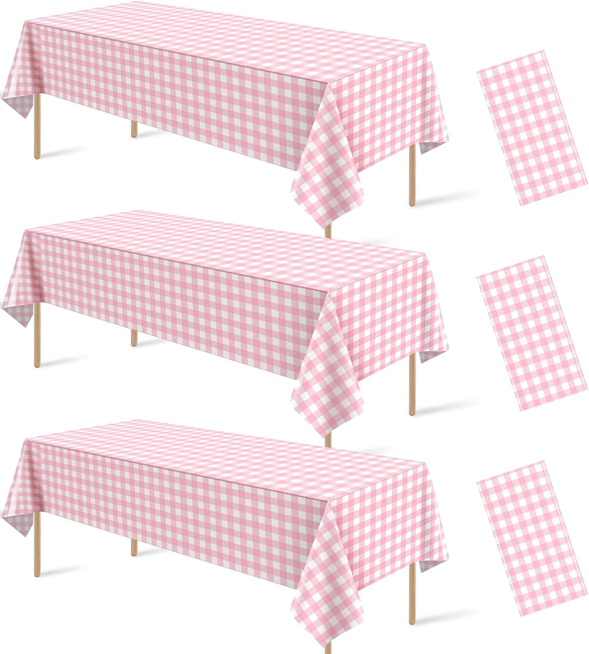 3Pcs Pink Gingham Tablecloths, Checkered Party Table Covers 54x108 In