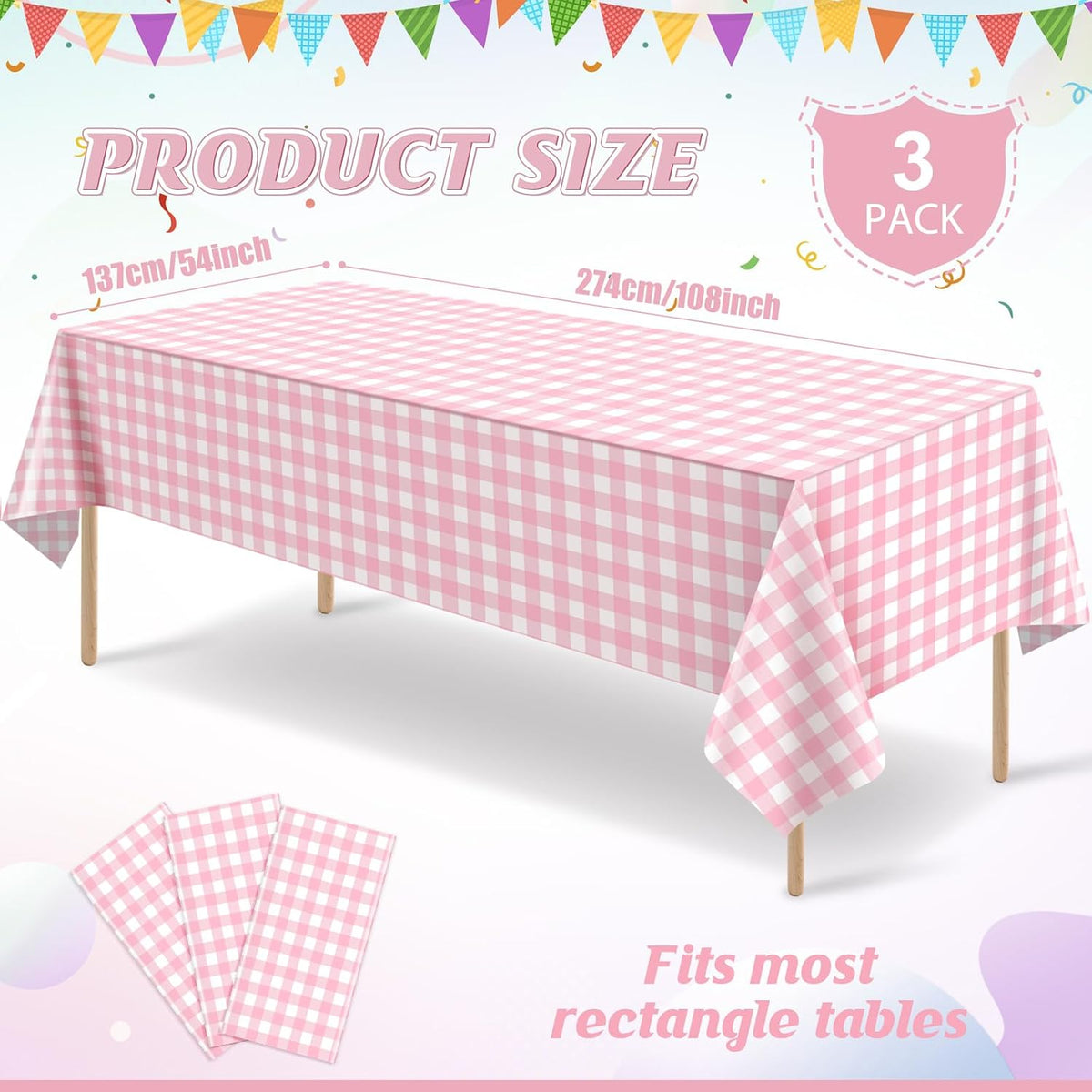3Pcs Pink Gingham Tablecloths, Checkered Party Table Covers 54x108 In