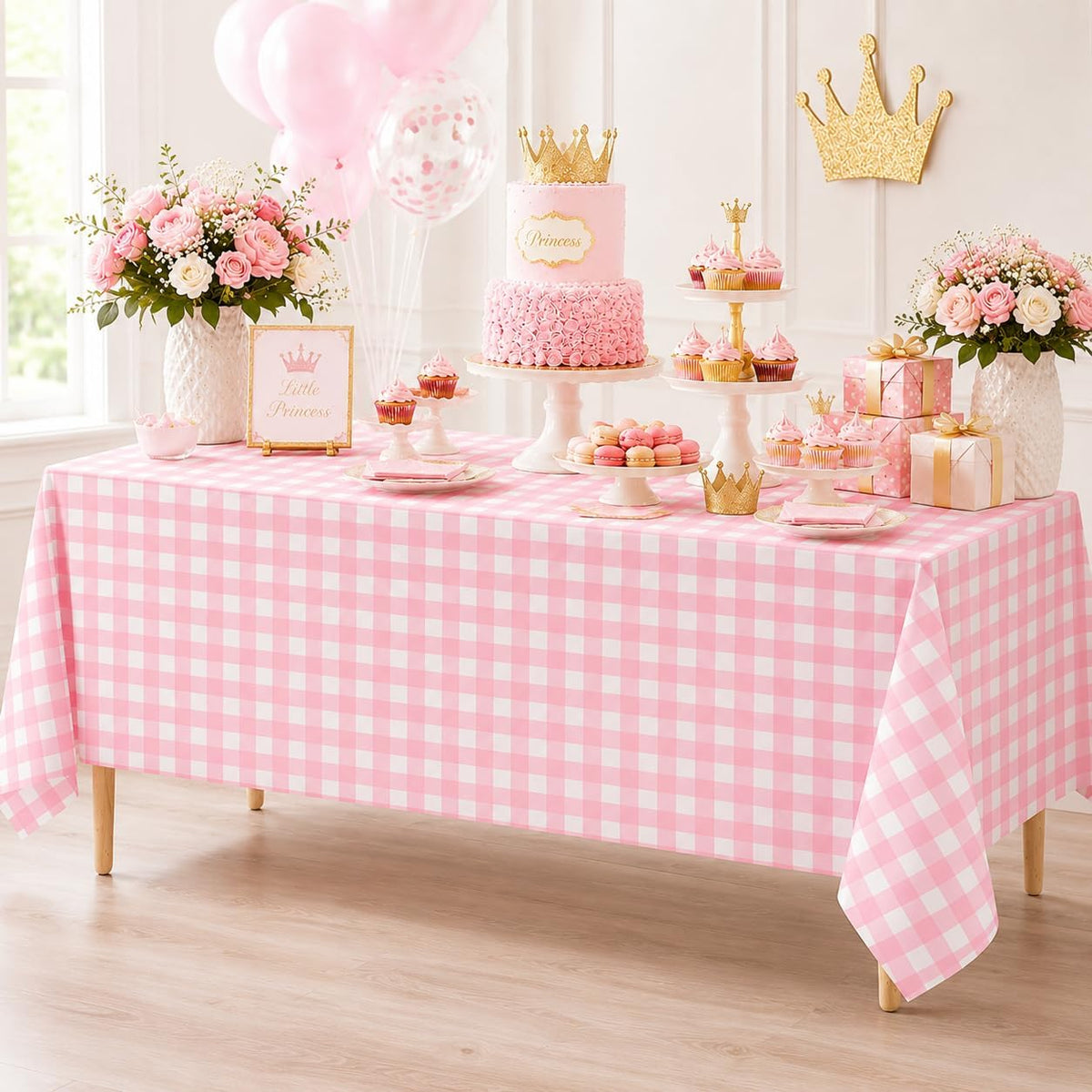 3Pcs Pink Gingham Tablecloths, Checkered Party Table Covers 54x108 In