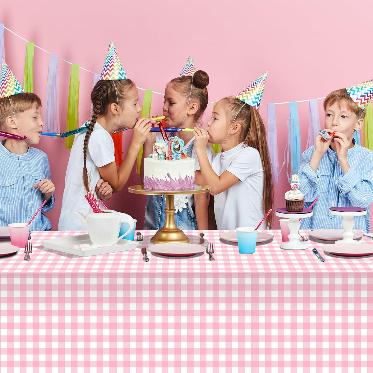 3Pcs Pink Gingham Tablecloths, Checkered Party Table Covers 54x108 In
