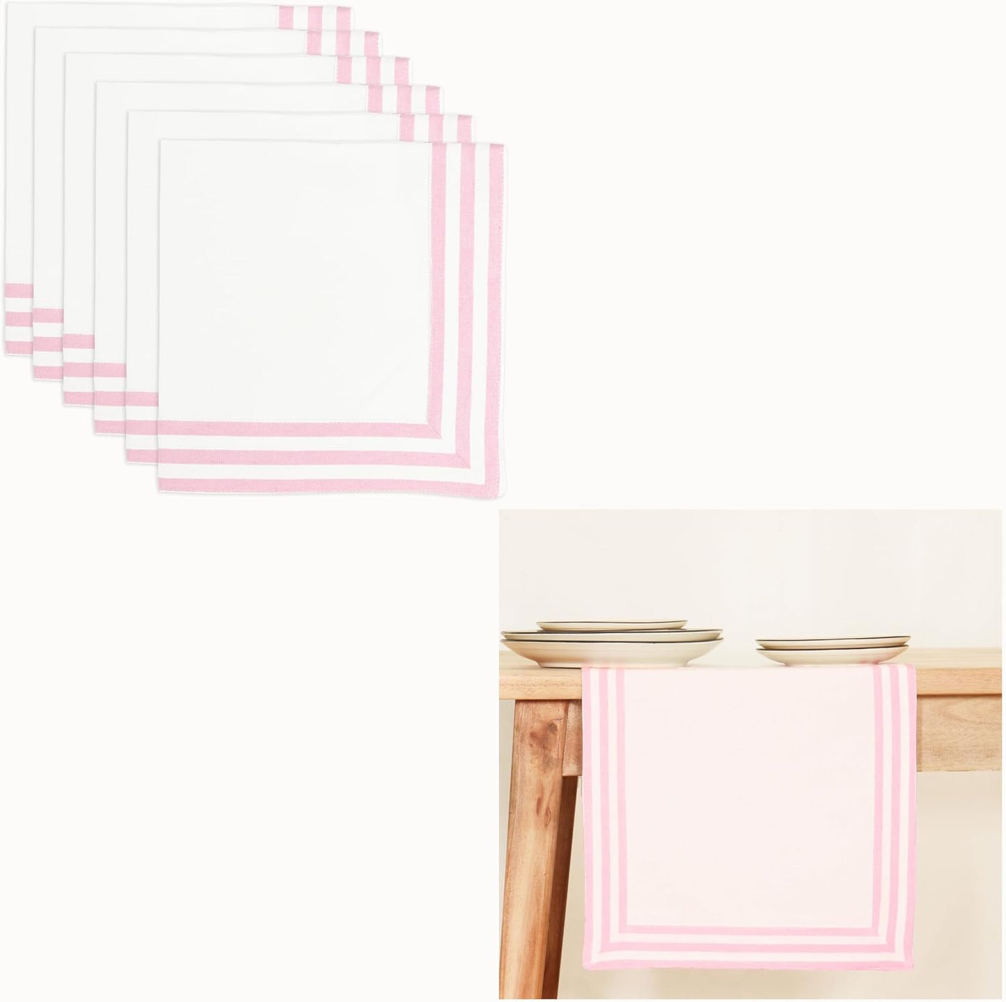 Stripe - Cloth Napkins (18 x 18 Inch Set of 6) and Table Runner (14 x 72 Inch Set of 1) - 100% Cotton - Blush Pink
