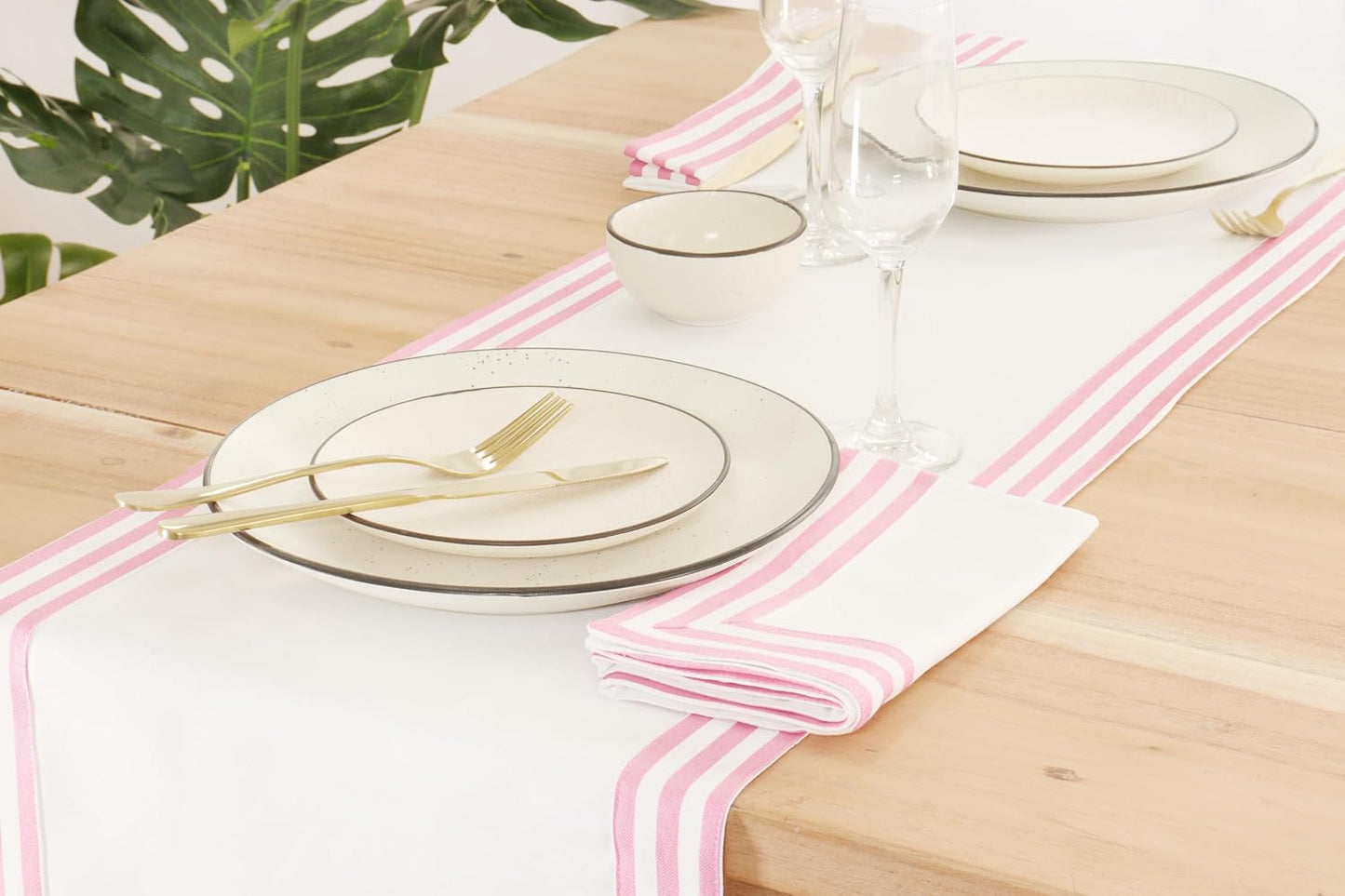 Stripe - Cloth Napkins (18 x 18 Inch Set of 6) and Table Runner (14 x 72 Inch Set of 1) - 100% Cotton - Blush Pink