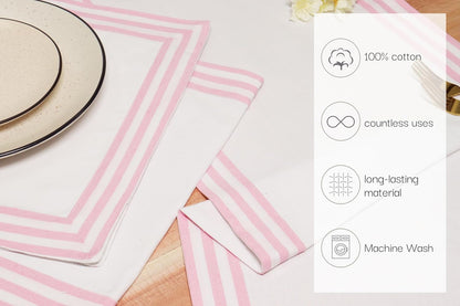 Stripe - Cloth Napkins (18 x 18 Inch Set of 6) and Table Runner (14 x 72 Inch Set of 1) - 100% Cotton - Blush Pink