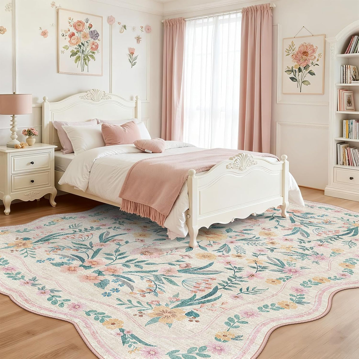 Scalloped Pink Floral Rug 6x9, Washable Soft Faux Wool Area Rug for Living Room, Cute Boho Non-Slip Carpet for Kids Room, Nursery, Bedroom or Office