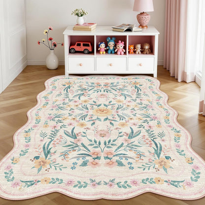 Scalloped Pink Floral Rug 6x9, Washable Soft Faux Wool Area Rug for Living Room, Cute Boho Non-Slip Carpet for Kids Room, Nursery, Bedroom or Office