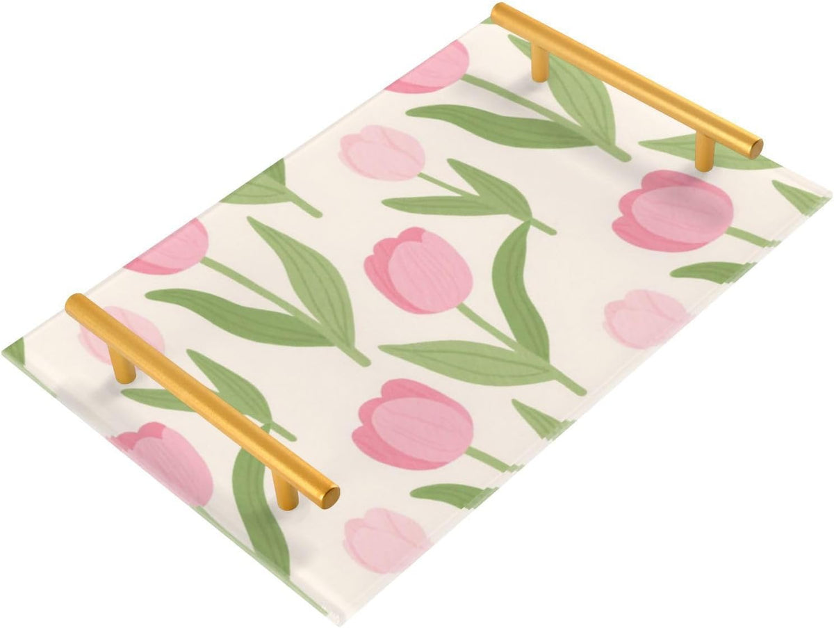 Lovely Pink Flower Flowers Decorative Dinner Trays with Handles Dinner Trays for Eating for Jewelry Perfume for Couch Serving bandeja para servir Cafe Elegante