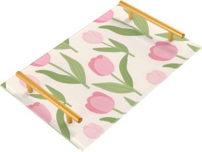 Lovely Pink Flower Flowers Decorative Dinner Trays with Handles Dinner Trays for Eating for Jewelry Perfume for Couch Serving bandeja para servir Cafe Elegante
