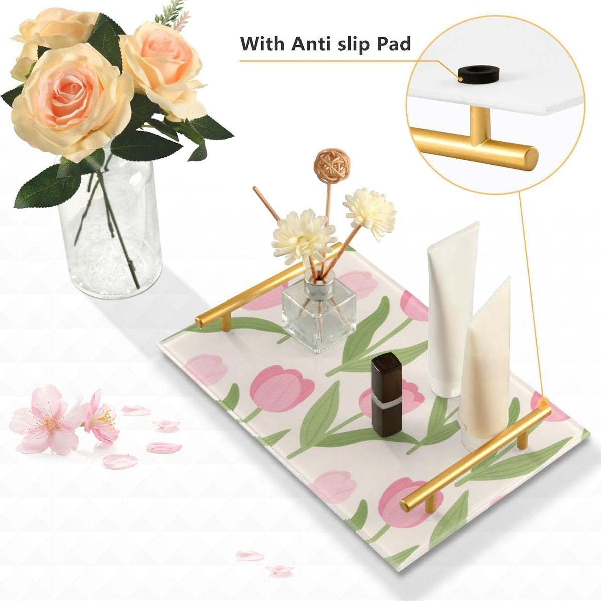 Lovely Pink Flower Flowers Decorative Dinner Trays with Handles Dinner Trays for Eating for Jewelry Perfume for Couch Serving bandeja para servir Cafe Elegante