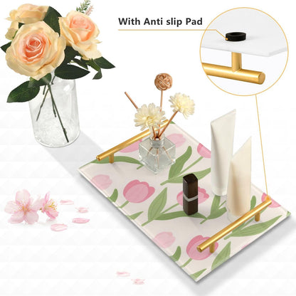 Lovely Pink Flower Flowers Decorative Dinner Trays with Handles Dinner Trays for Eating for Jewelry Perfume for Couch Serving bandeja para servir Cafe Elegante