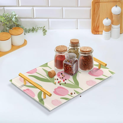 Lovely Pink Flower Flowers Decorative Dinner Trays with Handles Dinner Trays for Eating for Jewelry Perfume for Couch Serving bandeja para servir Cafe Elegante