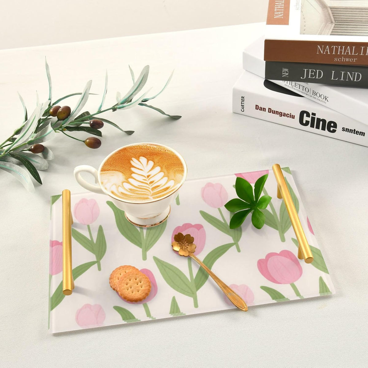 Lovely Pink Flower Flowers Decorative Dinner Trays with Handles Dinner Trays for Eating for Jewelry Perfume for Couch Serving bandeja para servir Cafe Elegante
