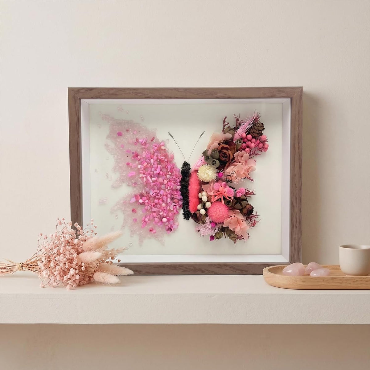 Crystal Wooden Frame Art Multi Purpose Elegant Butterfly Wall Decor with Tools Versatile Handmade Craft for Family Bonding&Group Party (Pink)