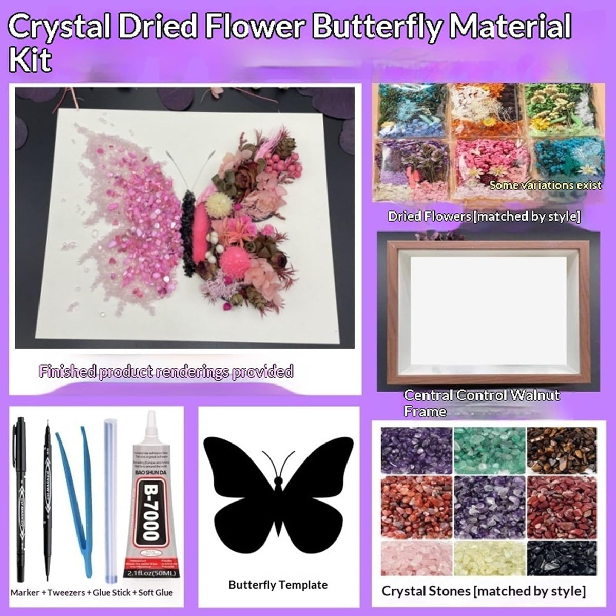 Crystal Wooden Frame Art Multi Purpose Elegant Butterfly Wall Decor with Tools Versatile Handmade Craft for Family Bonding&Group Party (Pink)