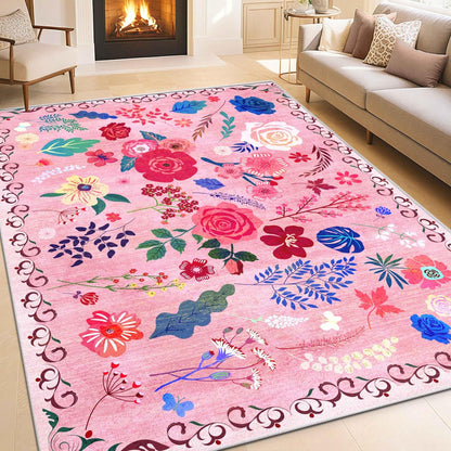 Floral 2x3 Area Rug, Machine Washable Soft Print Boho Carpet, Non Slip Low Pile Flower Area Rugs for Living Room Bedroom Kitchen Dining Room Hallway Entryway Nursery Indoor, Pink