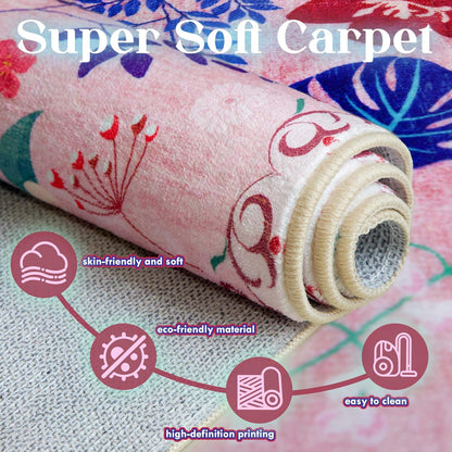 Floral 2x3 Area Rug, Machine Washable Soft Print Boho Carpet, Non Slip Low Pile Flower Area Rugs for Living Room Bedroom Kitchen Dining Room Hallway Entryway Nursery Indoor, Pink