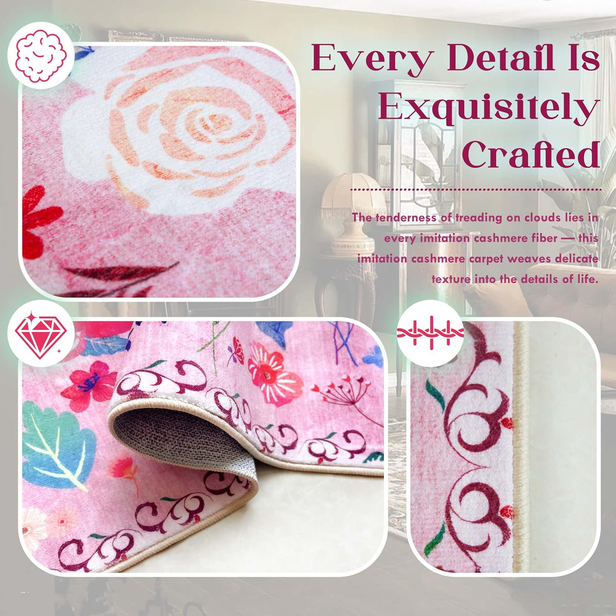 Floral 2x3 Area Rug, Machine Washable Soft Print Boho Carpet, Non Slip Low Pile Flower Area Rugs for Living Room Bedroom Kitchen Dining Room Hallway Entryway Nursery Indoor, Pink